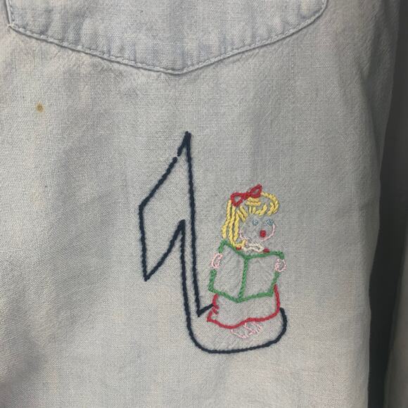 Vtg 1970s TG&Y Embroidered Chambray Shirt Womens Medium Blue Collared Hippie - Picture 10 of 13